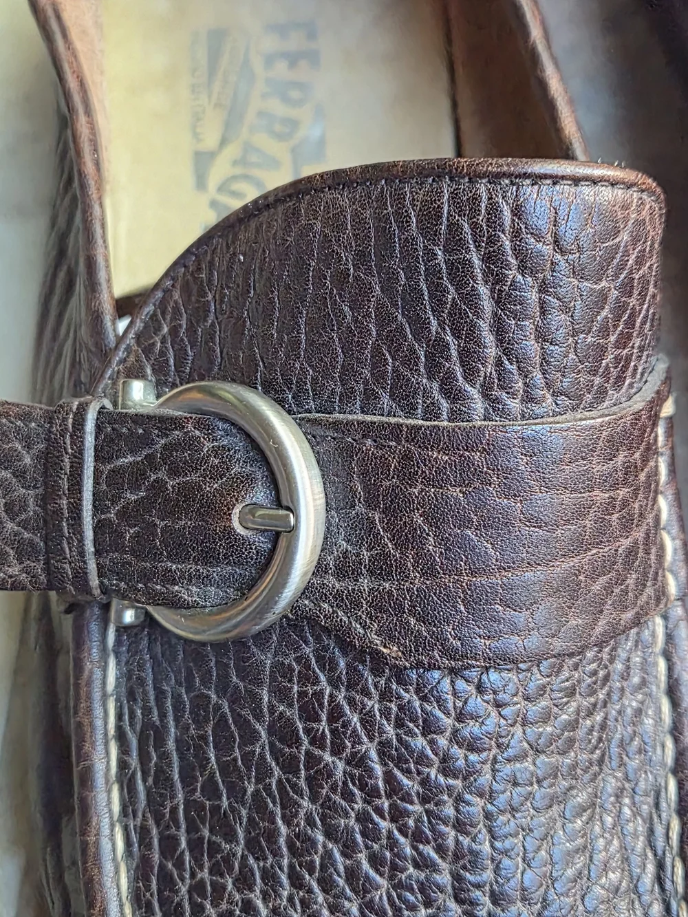 Ferragamo Brown Pebbled Calfskin Bit Loafers Silver Buckle